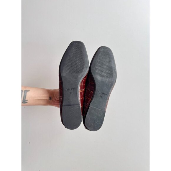 ZARA Chocolate Brown Croc Embossed Faux Leather Slipper Loafers, Size 36 - Picture 11 of 14